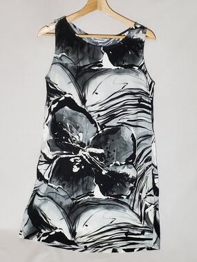 Jams World Black White Abstract Floral Mini Dress Breathable Artsy Beach Summer